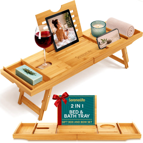 SereneLife bamboo bath caddy front view showing full tray and extendable arms, adds organized comfort