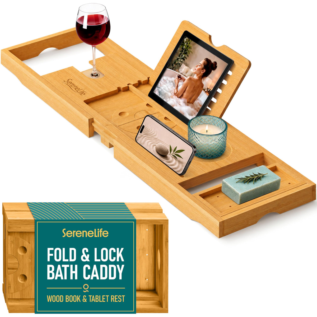 SereneLife front view of bamboo bath tray showing compartments and finish for organized bathing
