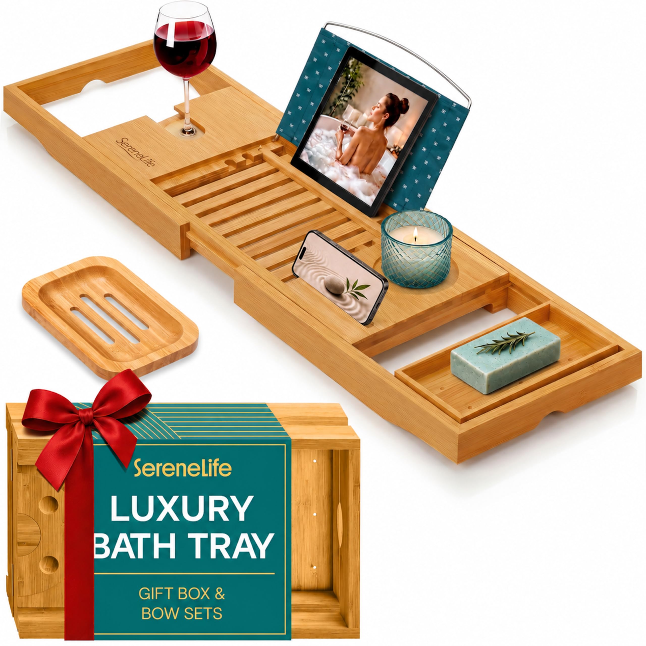SereneLife bamboo tray front packaging in luxury gift box for elegant gifting