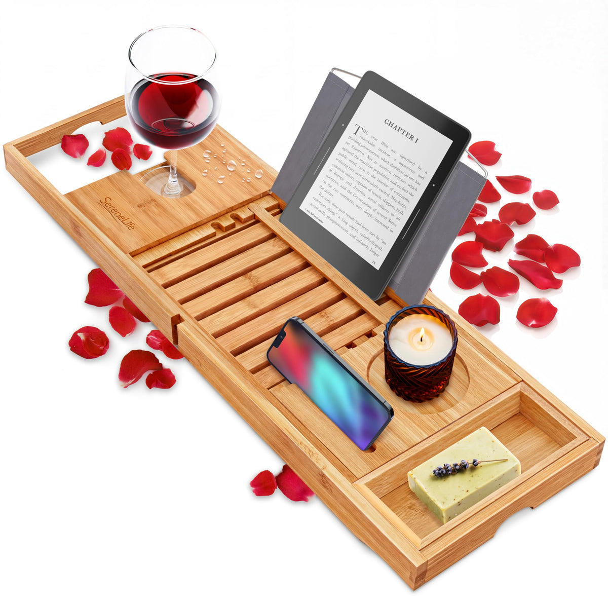 SereneLife bamboo bathtub tray front view showing clean natural finish and storage benefits
