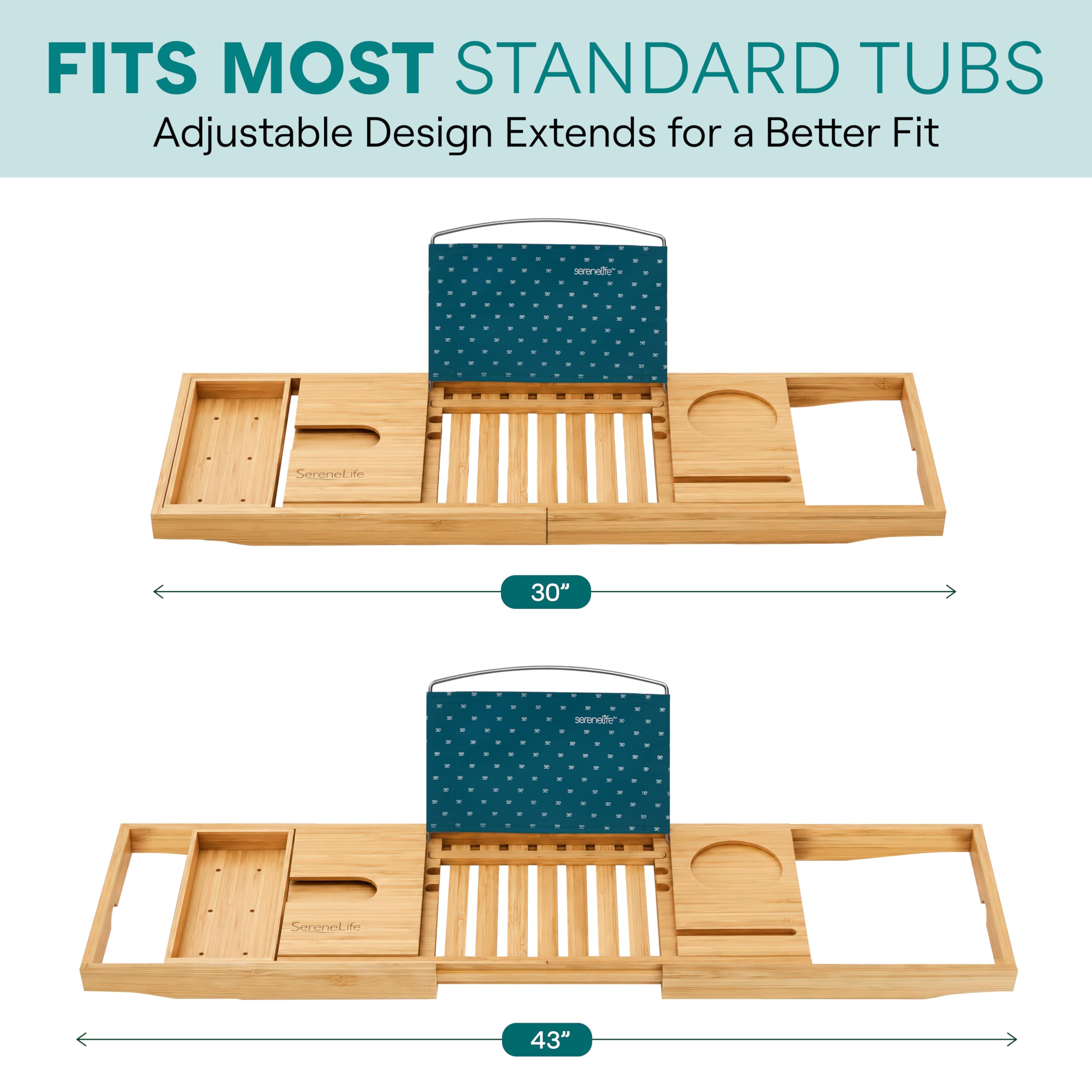 SereneLife expanded arms of caddy fitting across a tub demonstrating adjustable stability