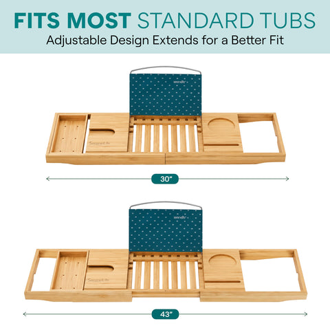 SereneLife expanded arms of caddy fitting across a tub demonstrating adjustable stability