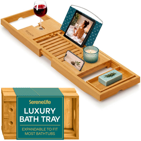 SereneLife front view of bamboo bathtub caddy showing elegant organization and natural finish