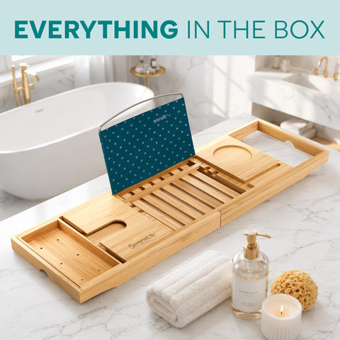 SereneLife lifestyle image of the caddy on a tub with book and candle creating spa ambience