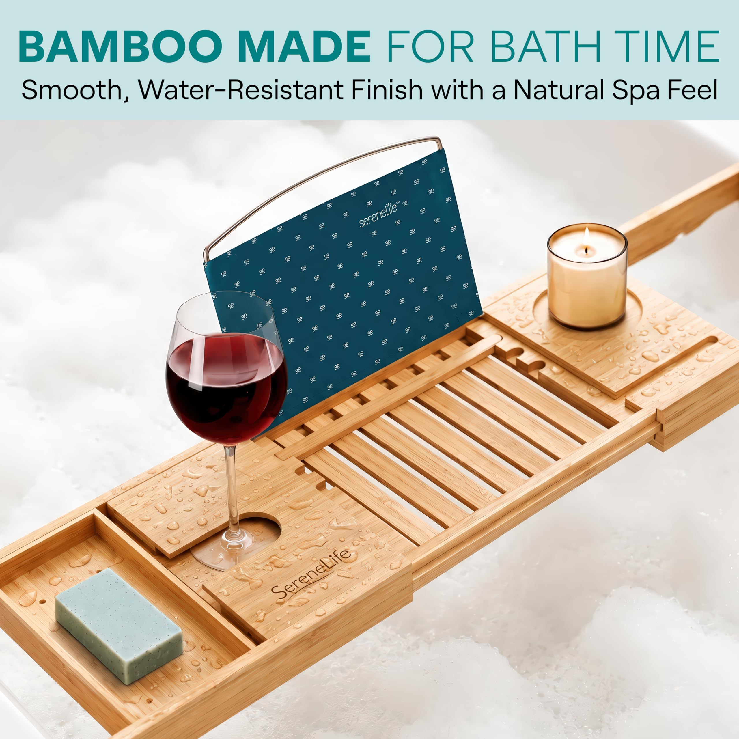 SereneLife phone and tablet slot on tray keeping devices secure and dry while bathing