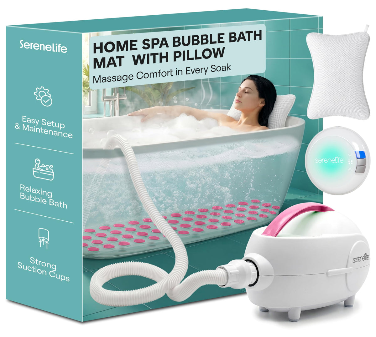 SereneLife front view of pink bubble bath mat showing full coverage and comfort