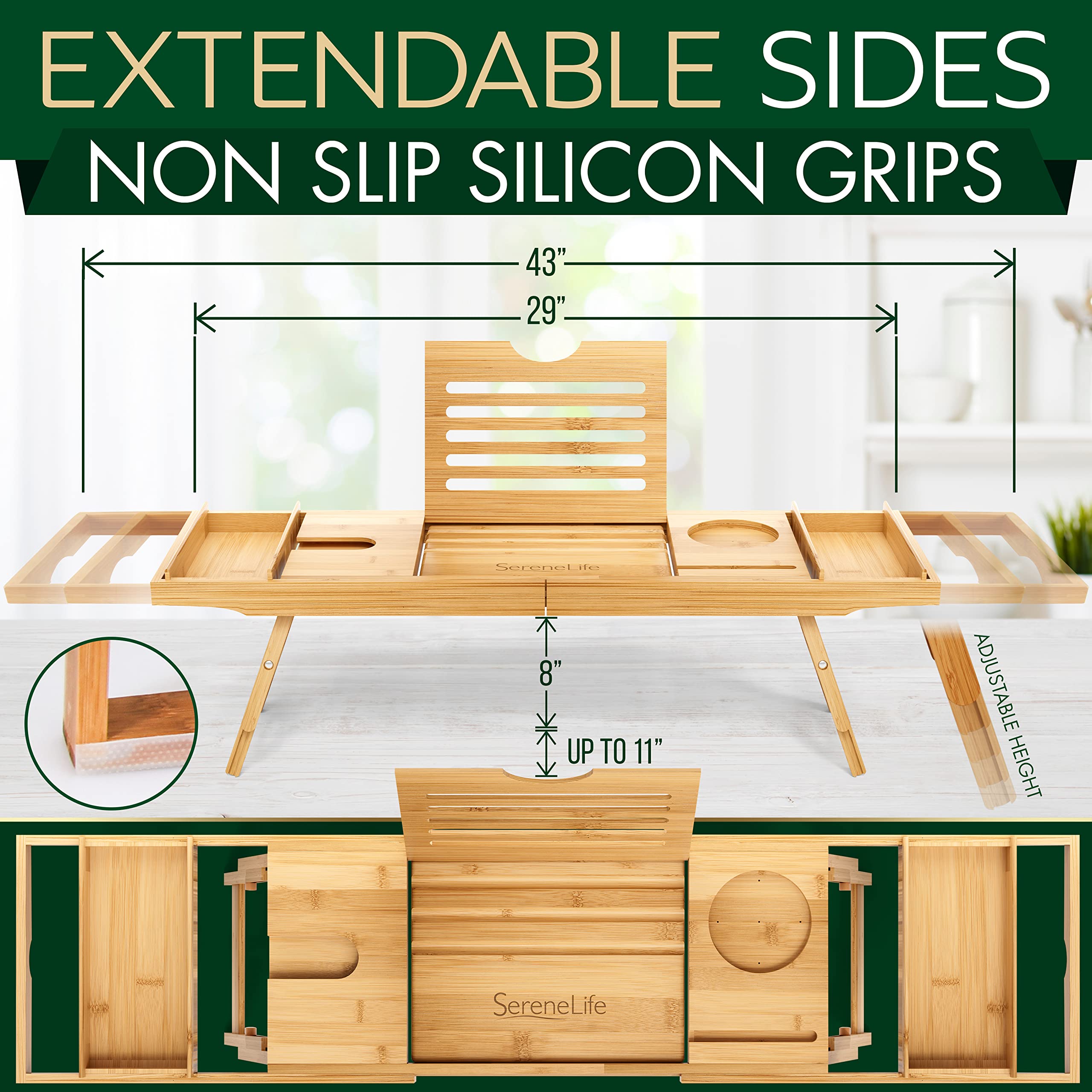 SereneLife folding feet and height adjustment screws displayed for stable bed or laptop use