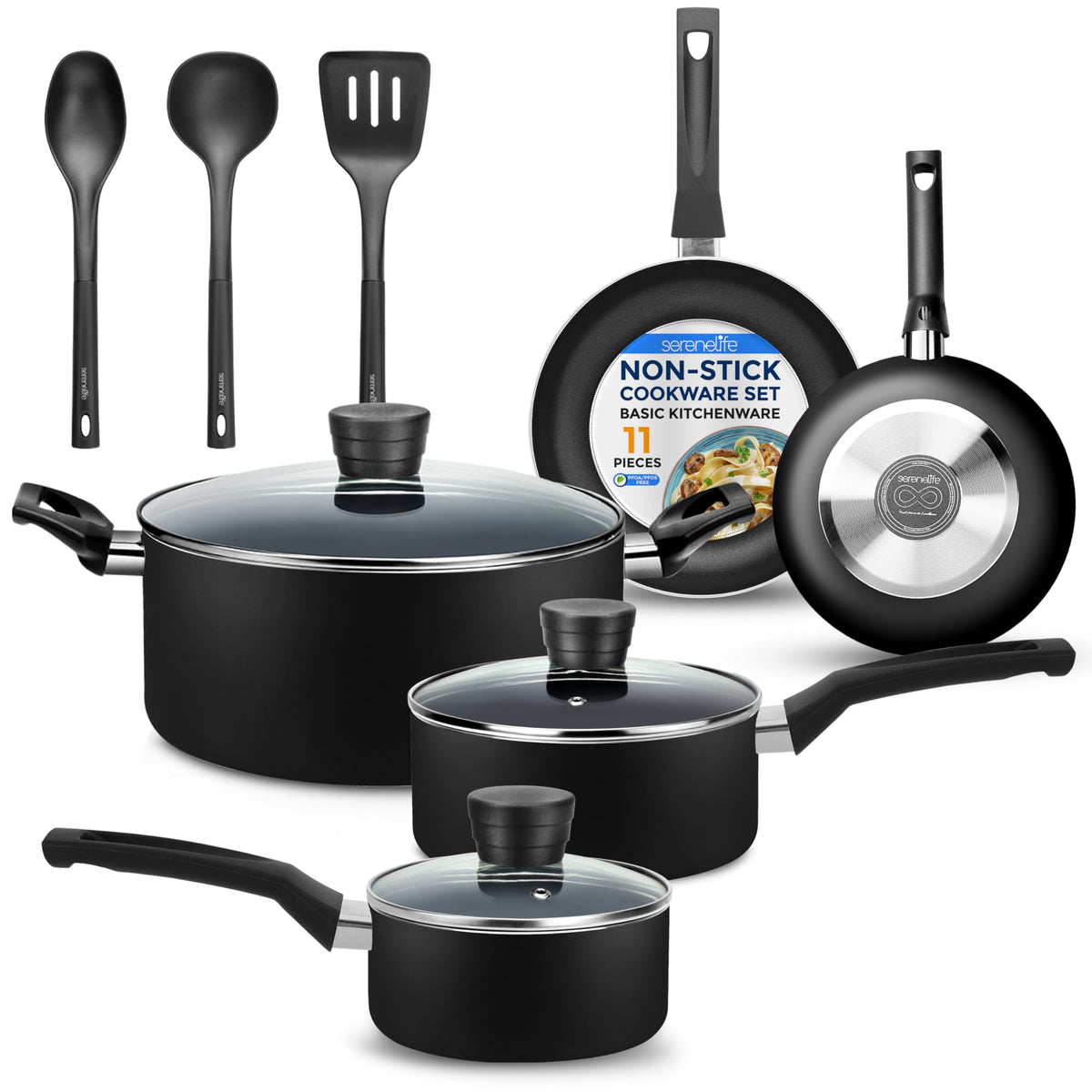 SereneLife front view of 11-piece set showing complete cookware and storage benefit