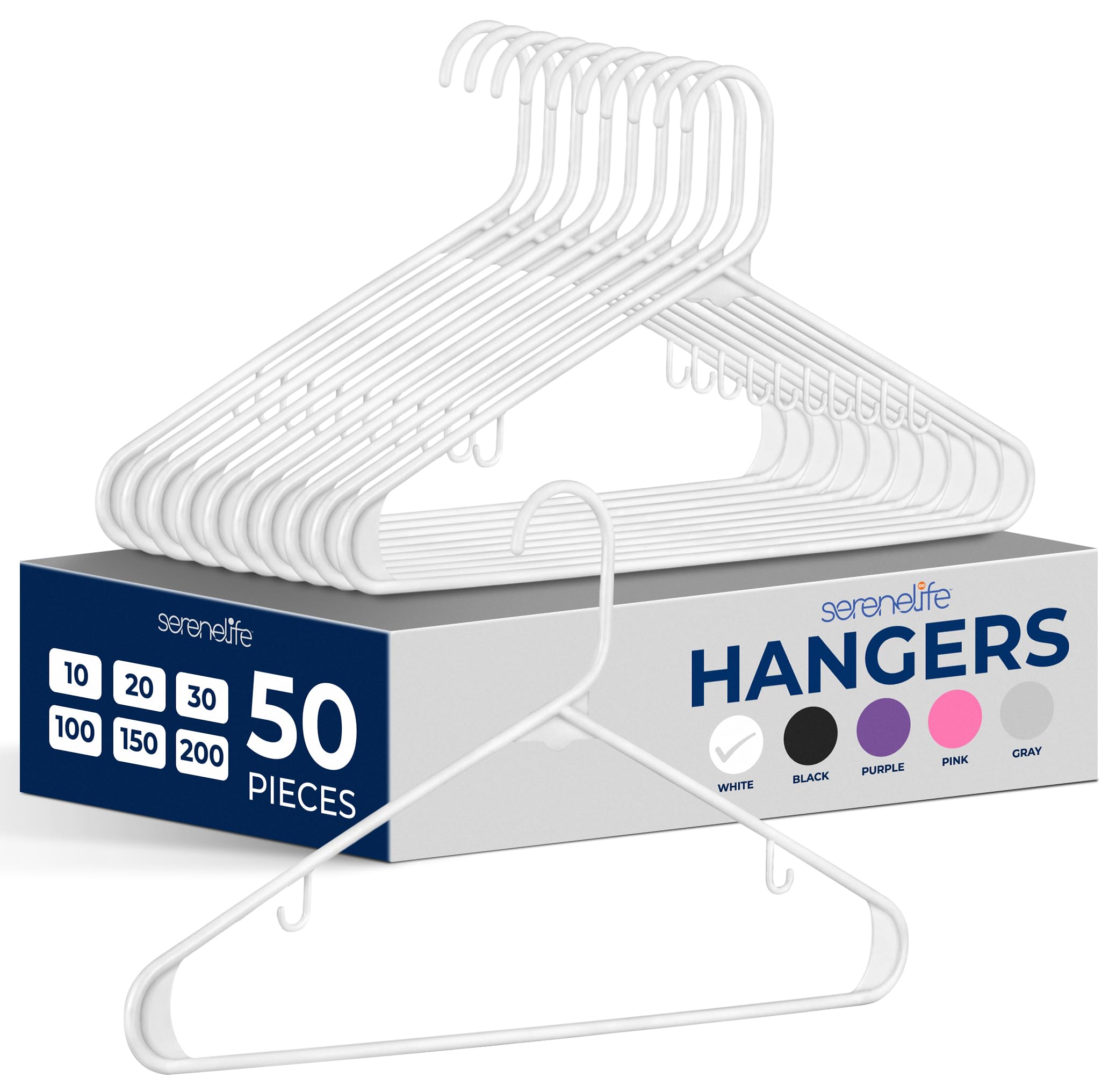 SereneLife front view of 50-pack white hangers showing uniform organization benefit