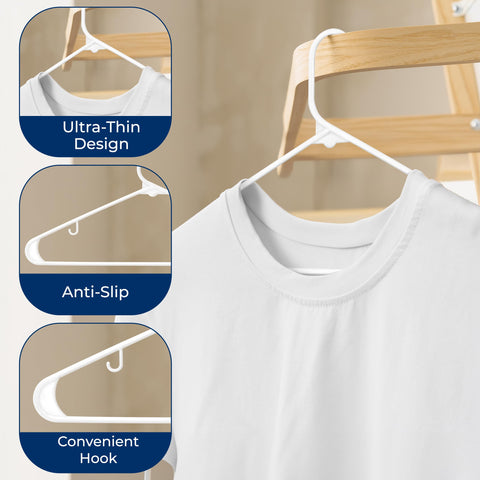 SereneLife hangers in a closet organizing shirts and dresses for tidy storage benefit