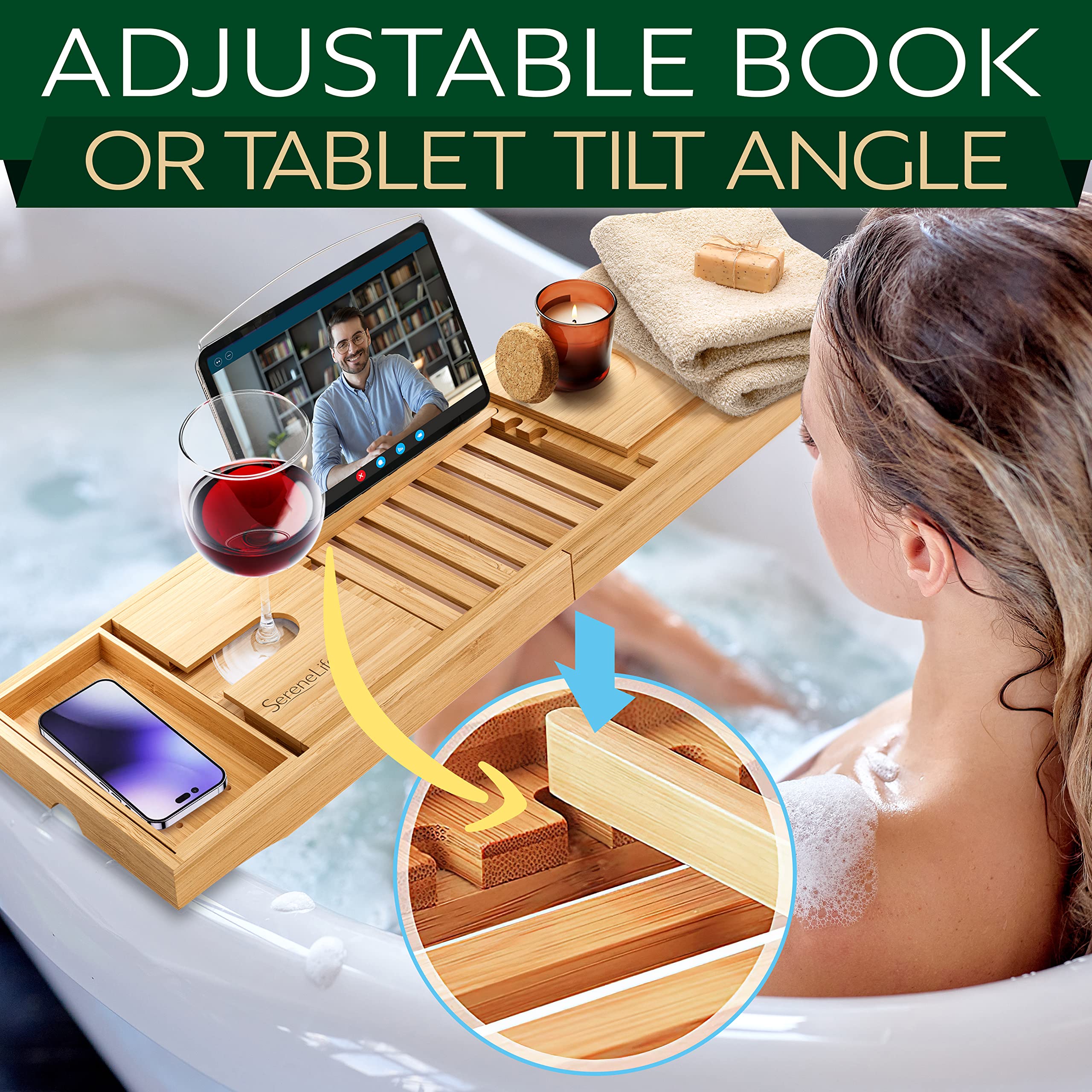 SereneLife removable side tray with soap and candle for organized bath essentials