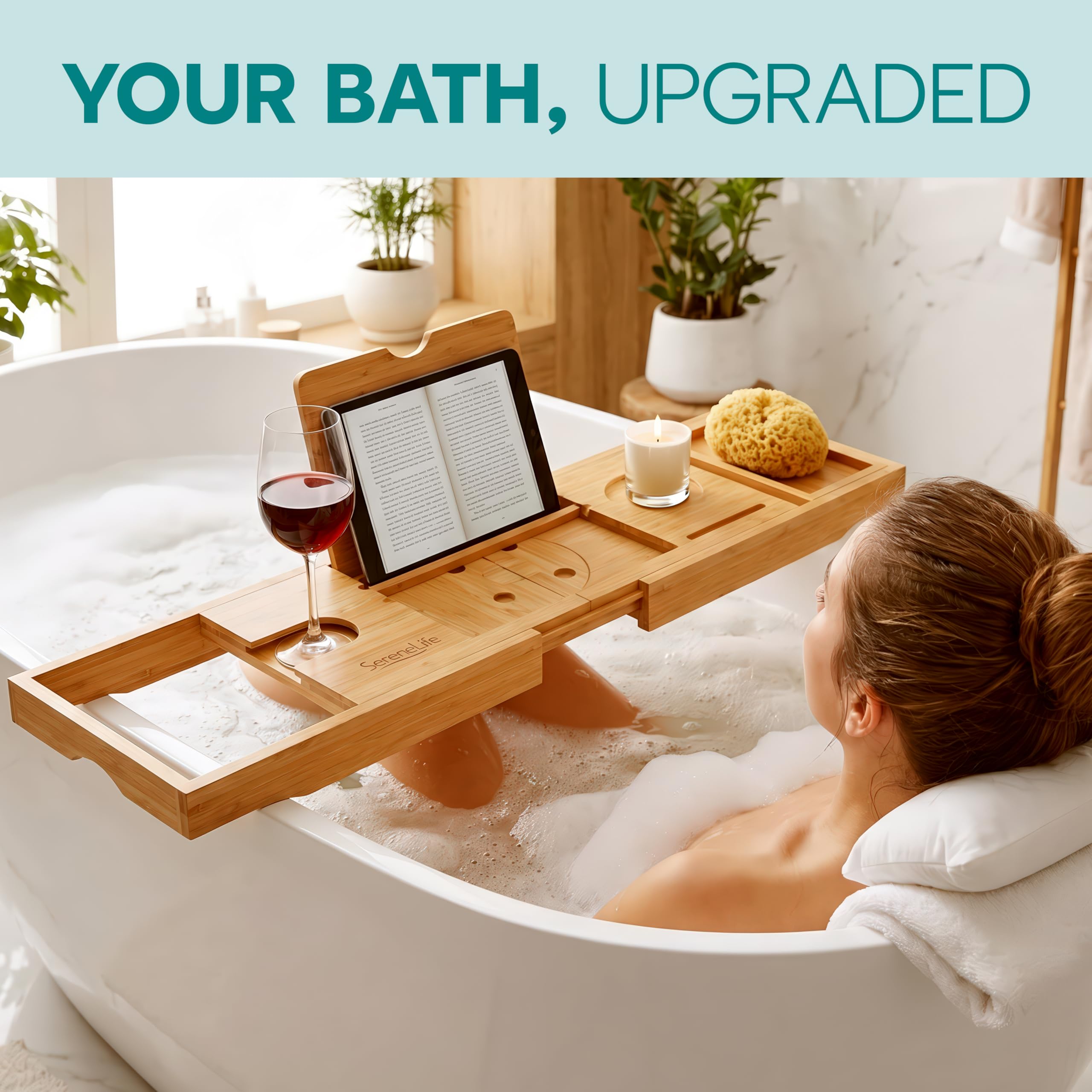 SereneLife bath tray expanded across tub illustrating adjustable fit and stable support