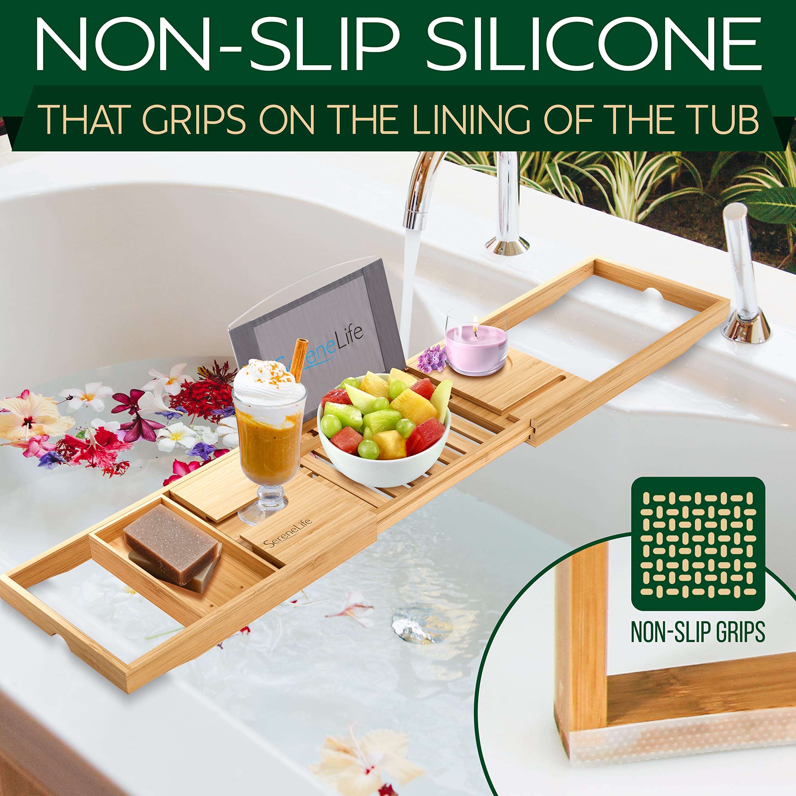 SereneLife tray in use holding tablet and wine glass for hands-free relaxation