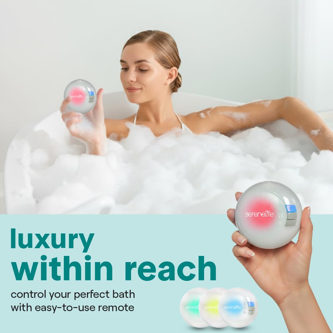 SereneLife user relaxing in tub with mat showing enhanced comfort and mood lighting