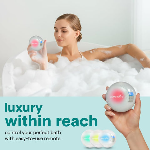 SereneLife user relaxing in tub with mat showing enhanced comfort and mood lighting