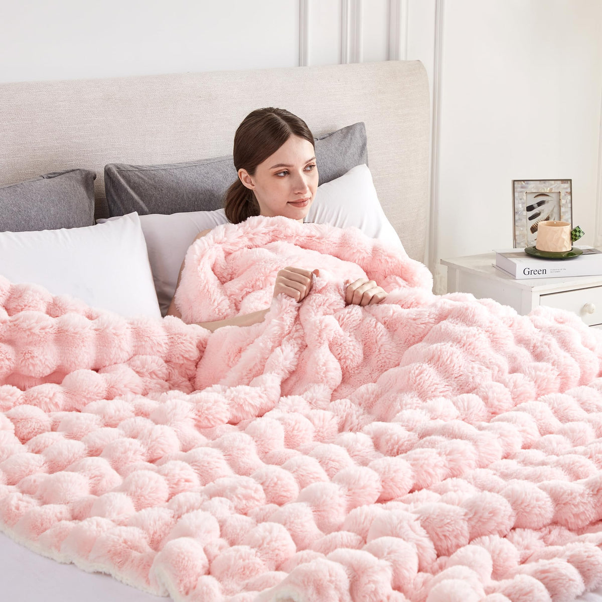 Serenhom front view of bubble pink throw blanket showing plush texture and color, adds cozy decor