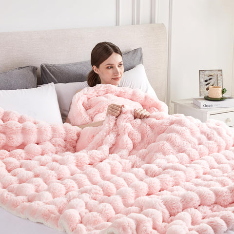 Serenhom front view of bubble pink throw blanket showing plush texture and color, adds cozy decor