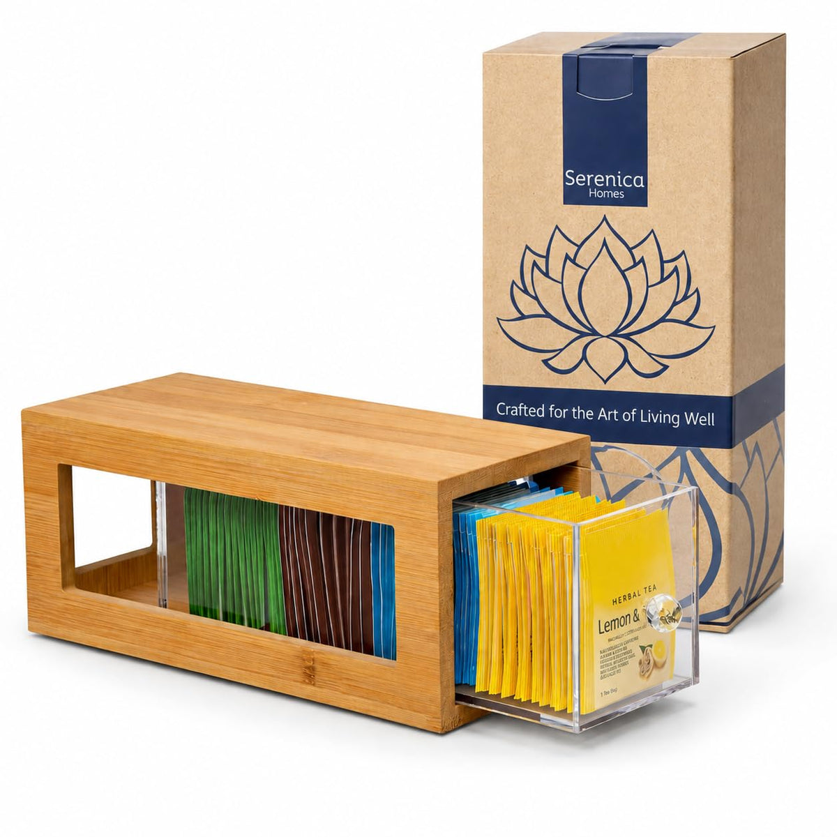 Serenica Homes bamboo and acrylic front view showing neat tea display and easy access
