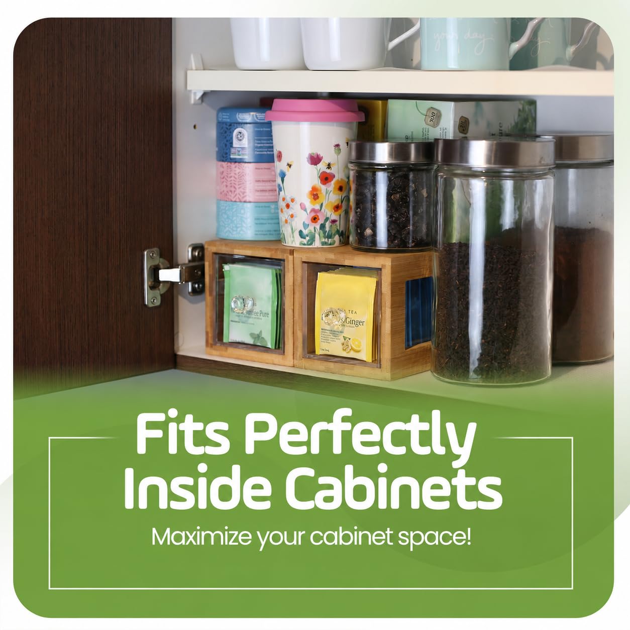 Serenica Homes open drawer filled with tea bags showing organized storage benefit