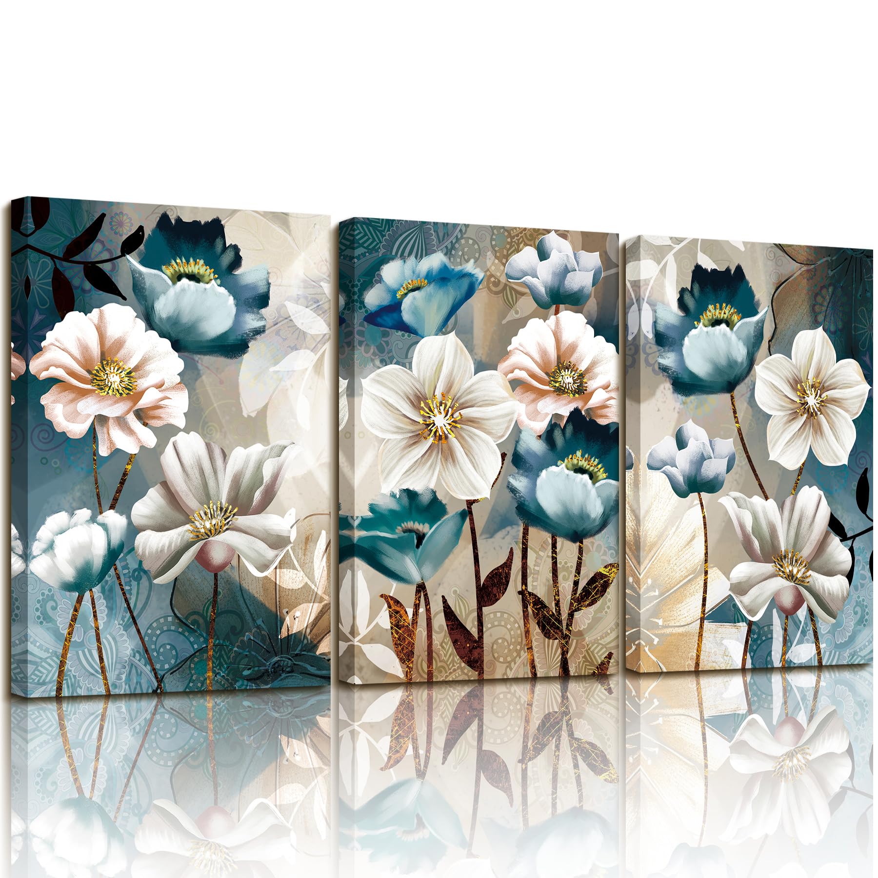 SERIMINO front view of three-panel blue lotus canvas highlighting balanced composition and color