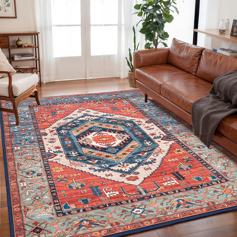 SERISSA front view of rust 5x7 rug showing full boho pattern and warmth