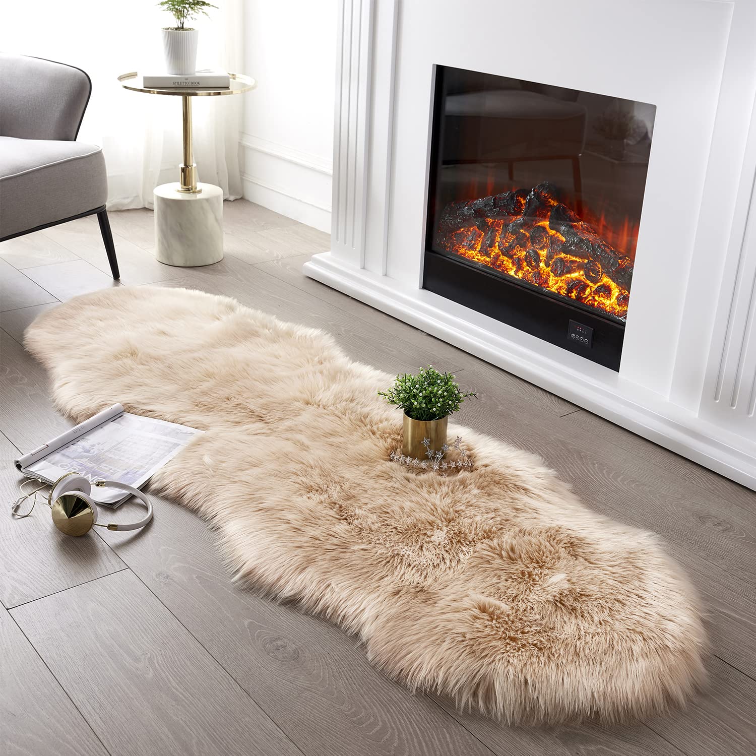 SERISSA front view of beige faux fur rug shows plush soft texture and welcoming look