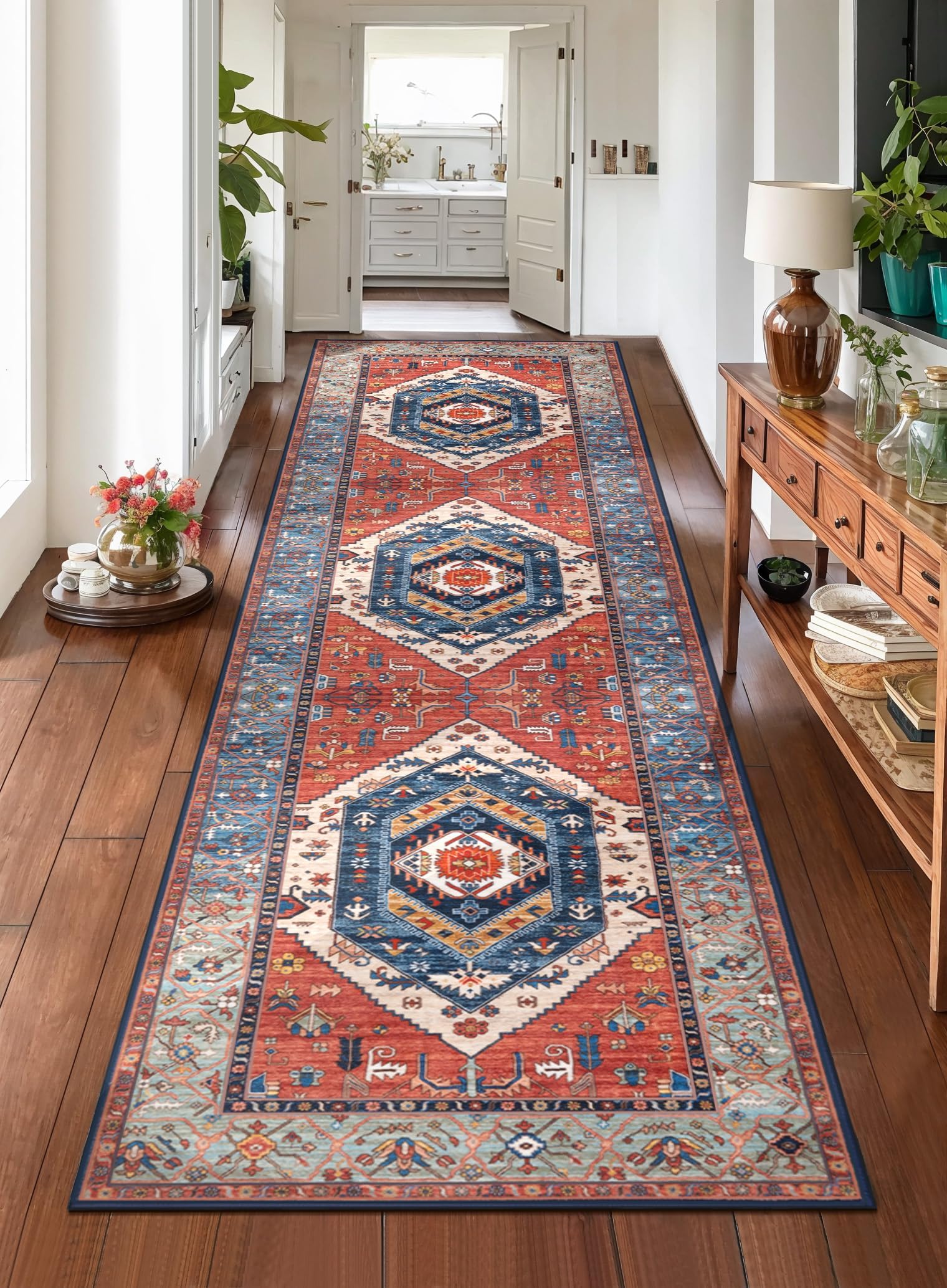 SERISSA runner front packaging shows rust boho design and easy-care benefit