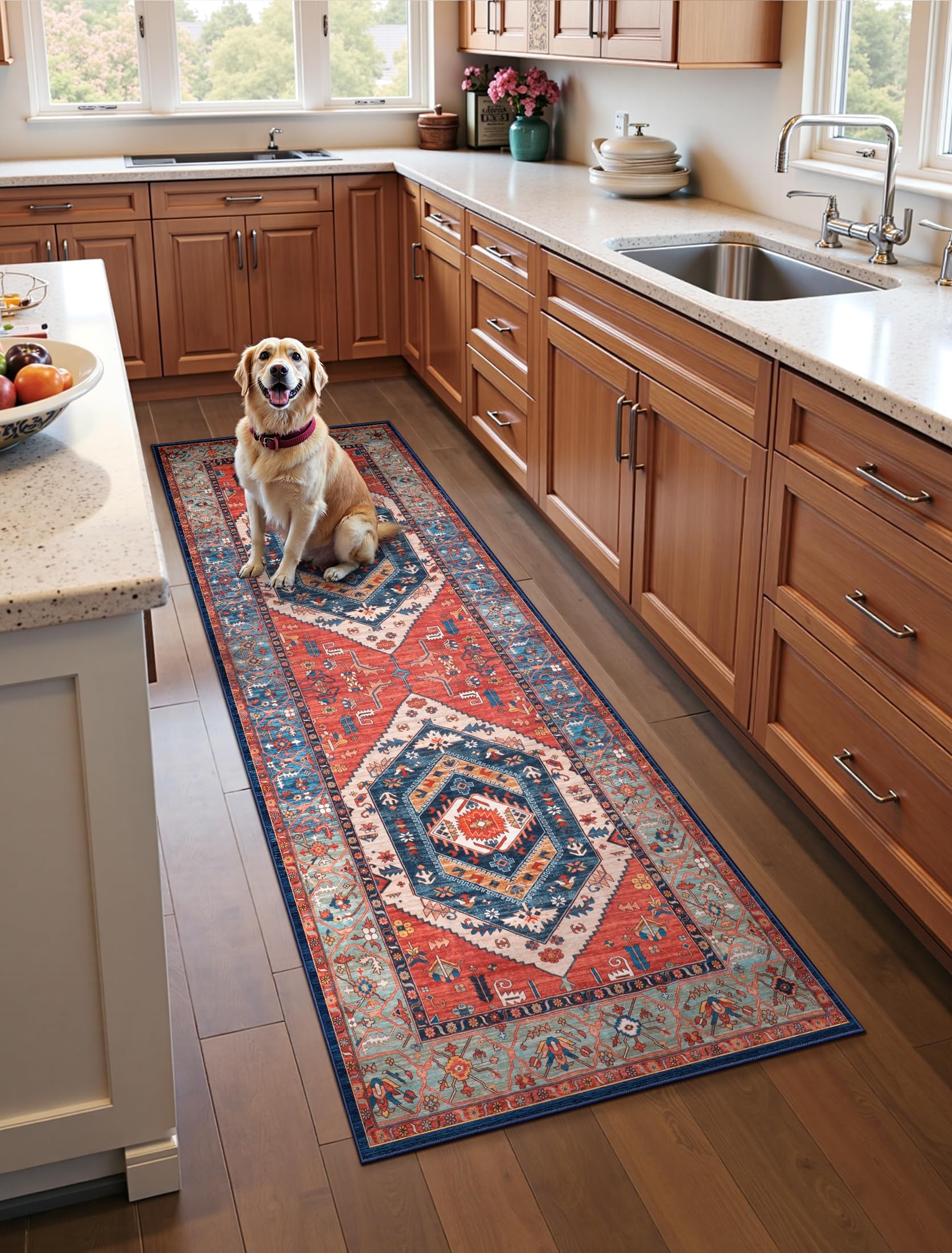 SERISSA runner front view showing rust boho floral pattern and elegant hallway appeal