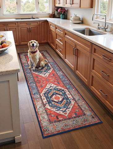 SERISSA runner front view showing rust boho floral pattern and elegant hallway appeal