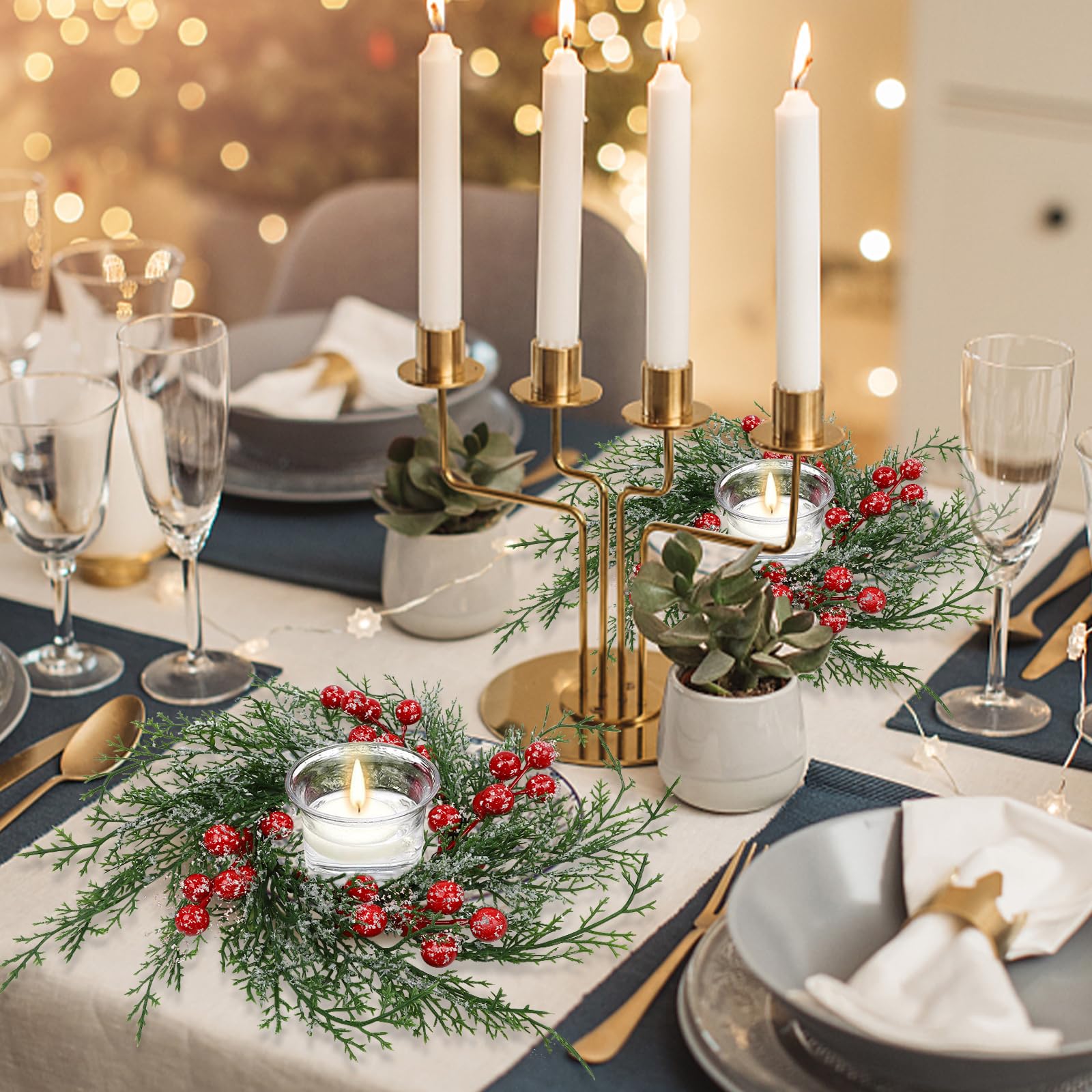 Serlvan on mantel with LED candles for safe, reusable decoration
