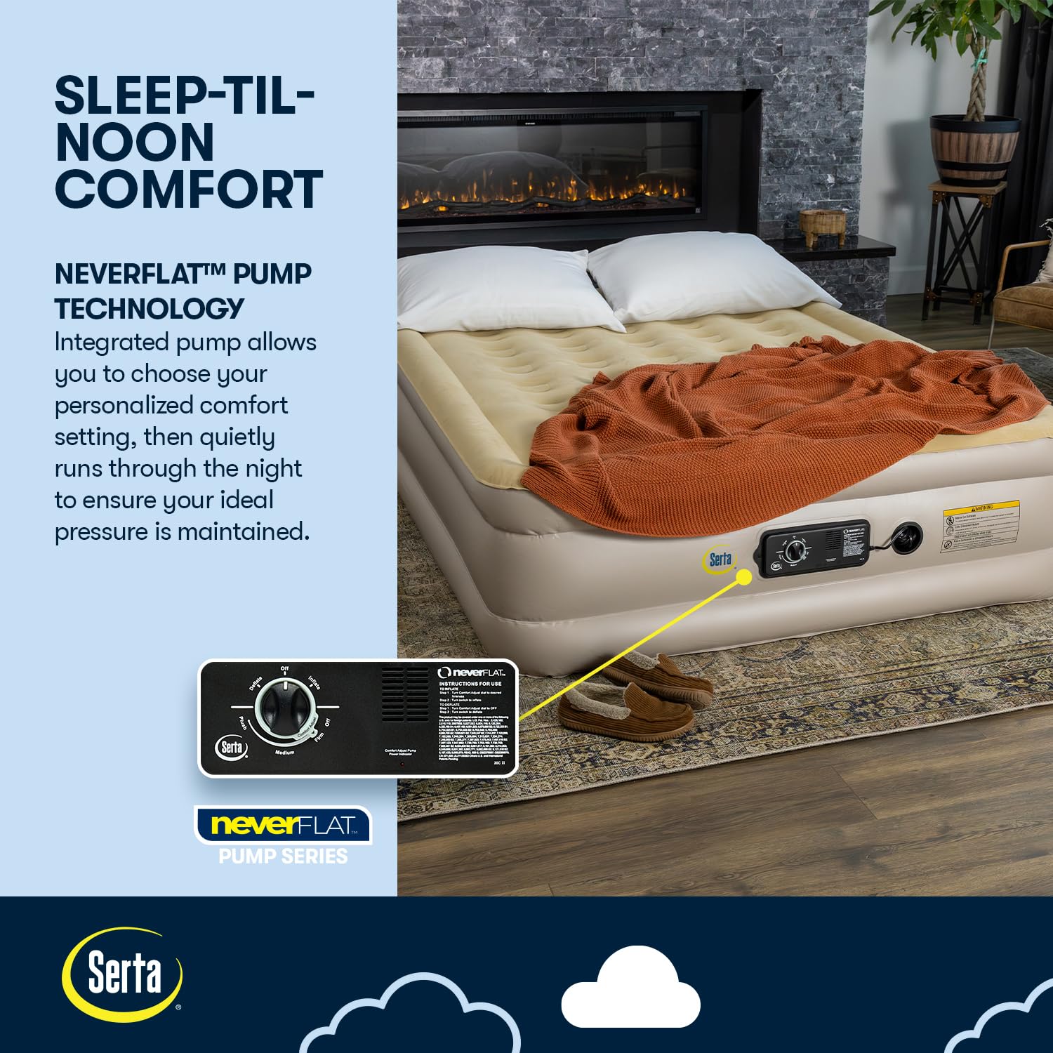 Serta built-in pump control panel close-up for quick inflation and easy use