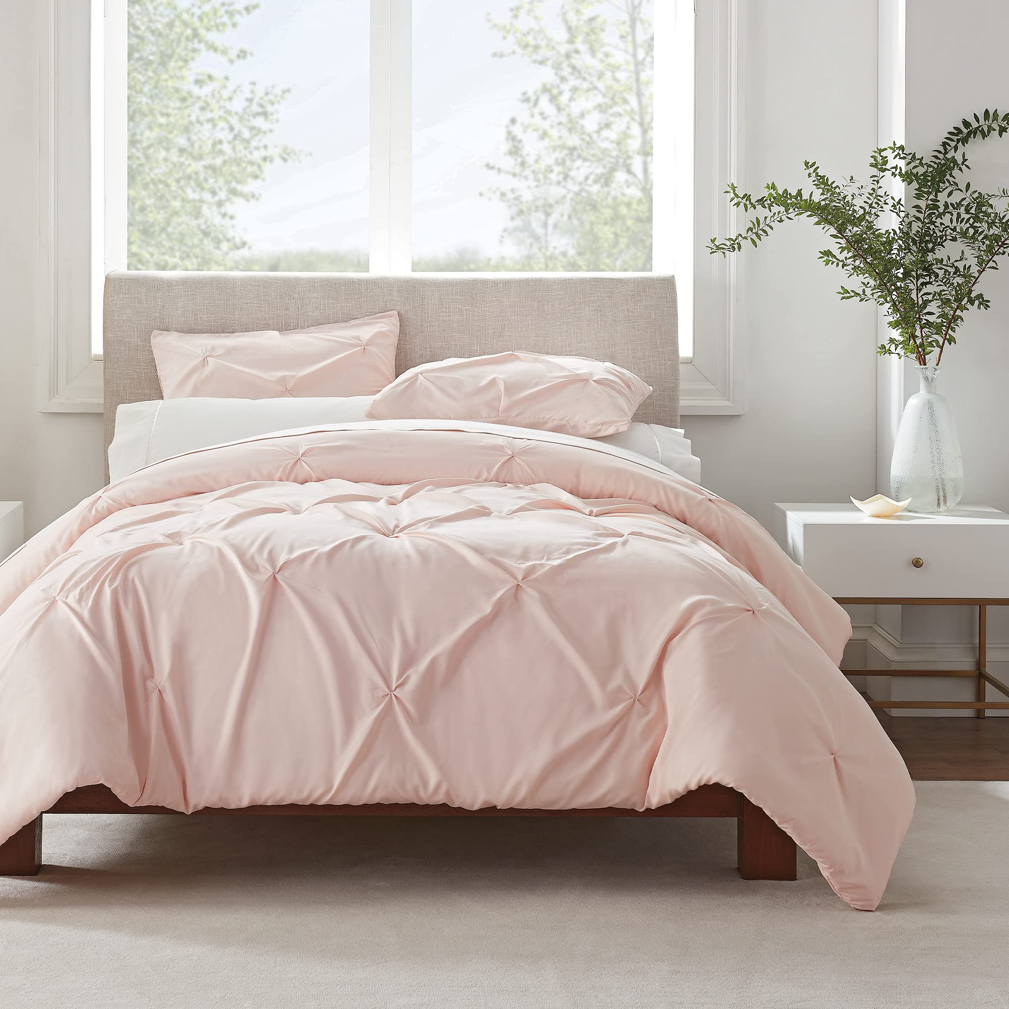 Serta duvet cover front view in blush showing neat pleats and polished look