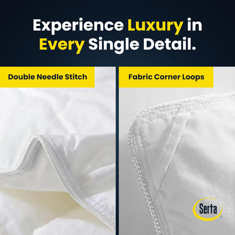 Serta comforter beside ruler for size comparison showing accurate king dimensions benefit