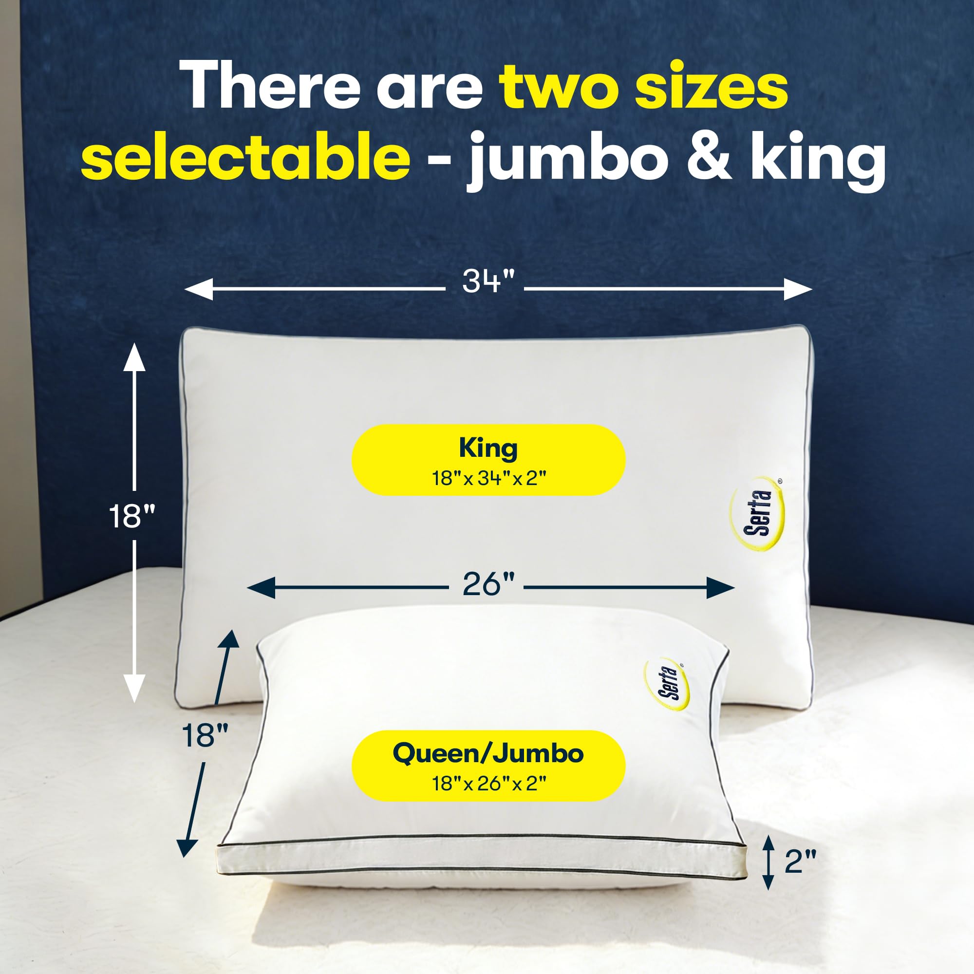 Serta pillow beside ruler showing 18x26 size for accurate scale and fit