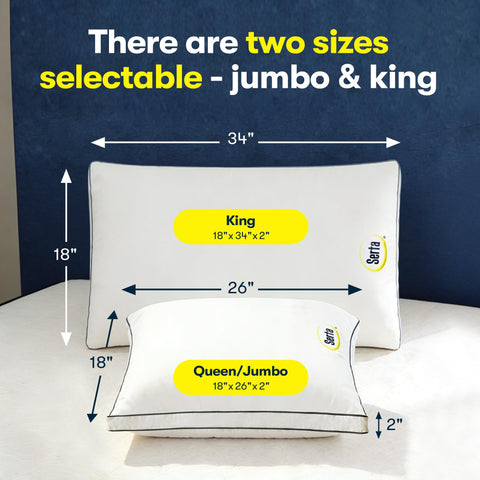 Serta pillow beside ruler showing 18x26 size for accurate scale and fit
