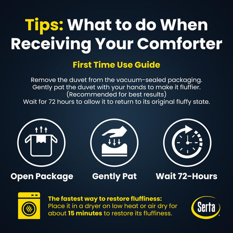 Serta vacuum-packed comforter being unpacked to restore loft quickly