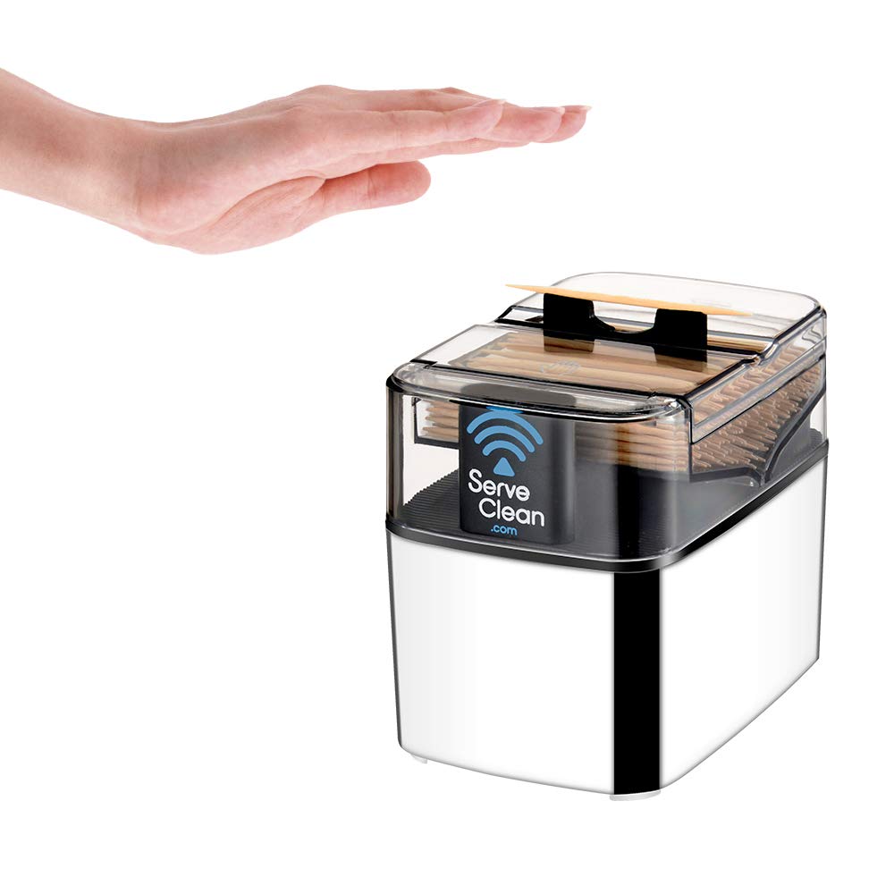 Serve Clean chrome dispenser front view showing sleek finish and compact footprint