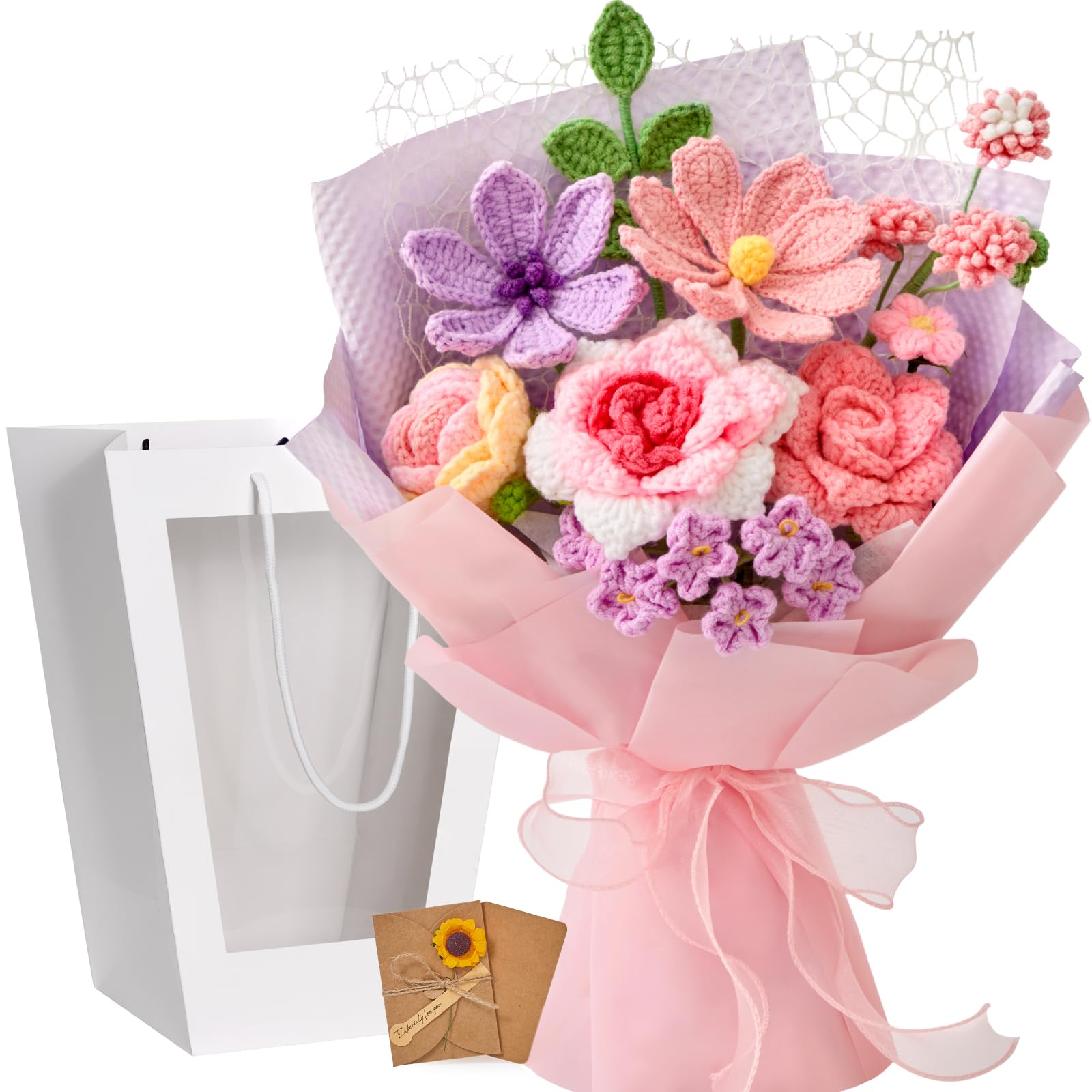 Serwalin pink crochet bouquet front view showing full arrangement and lasting gift benefit