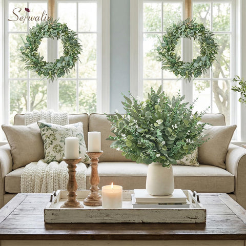 Serwalin round leaf eucalyptus detail highlighting natural shape and layering benefit