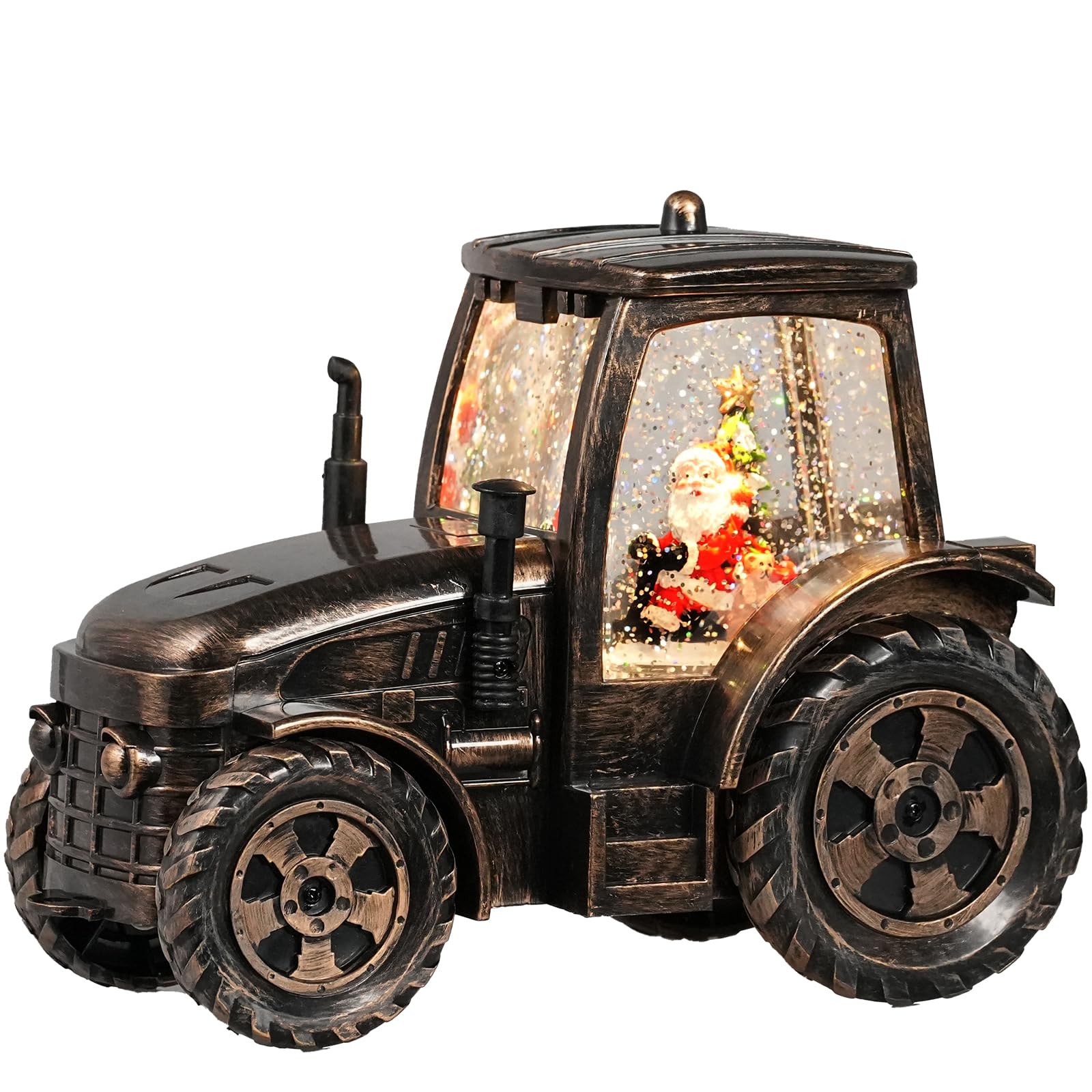 Seschrist bronze tractor snow globe front view showing festive lantern glow