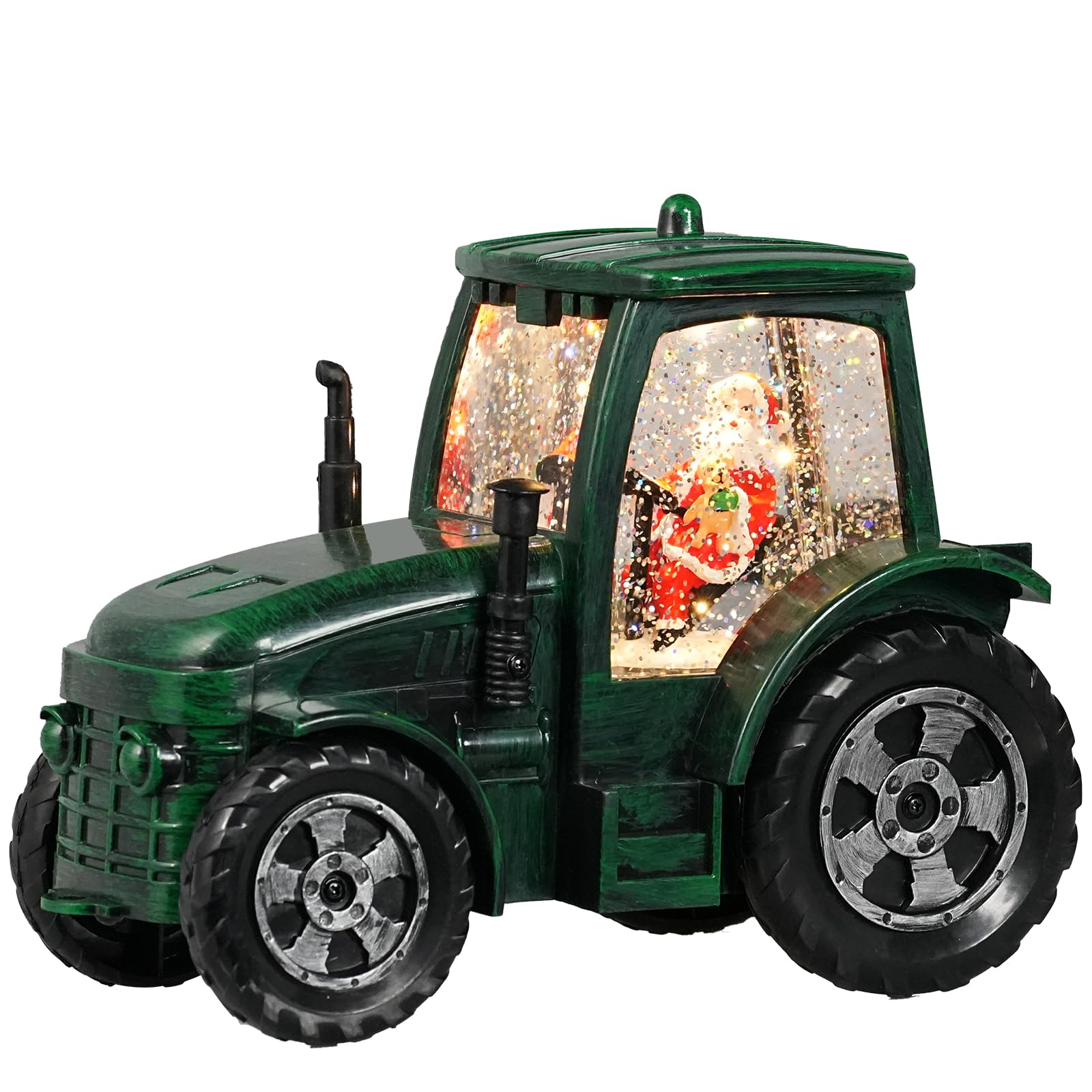 Seschrist snow globe front view showing tractor scene and warm light
