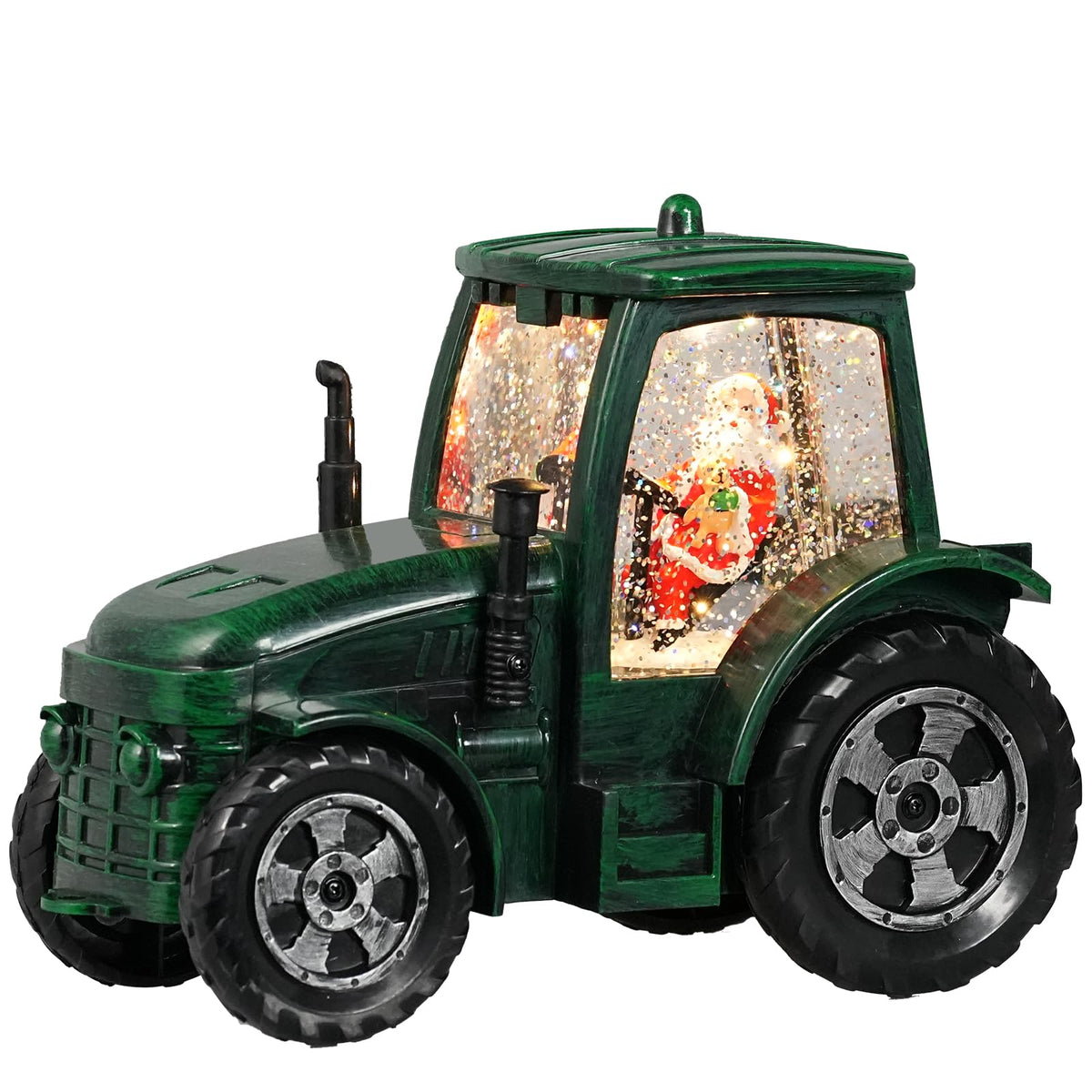 Seschrist snow globe front view showing tractor scene and warm light