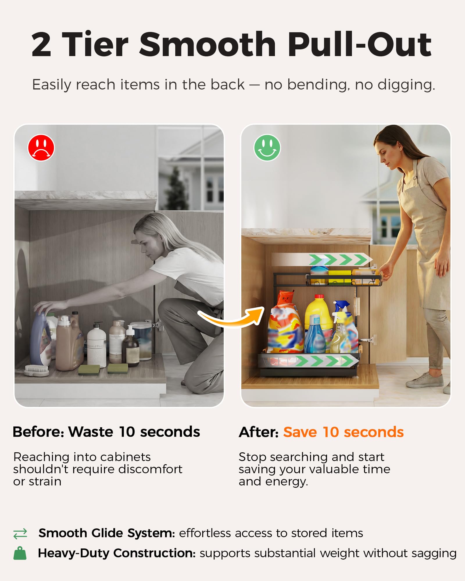 Sevenblue lower tier holding tall bottles and cleaners for efficient vertical storage