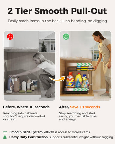 Sevenblue lower tier holding tall bottles and cleaners for efficient vertical storage