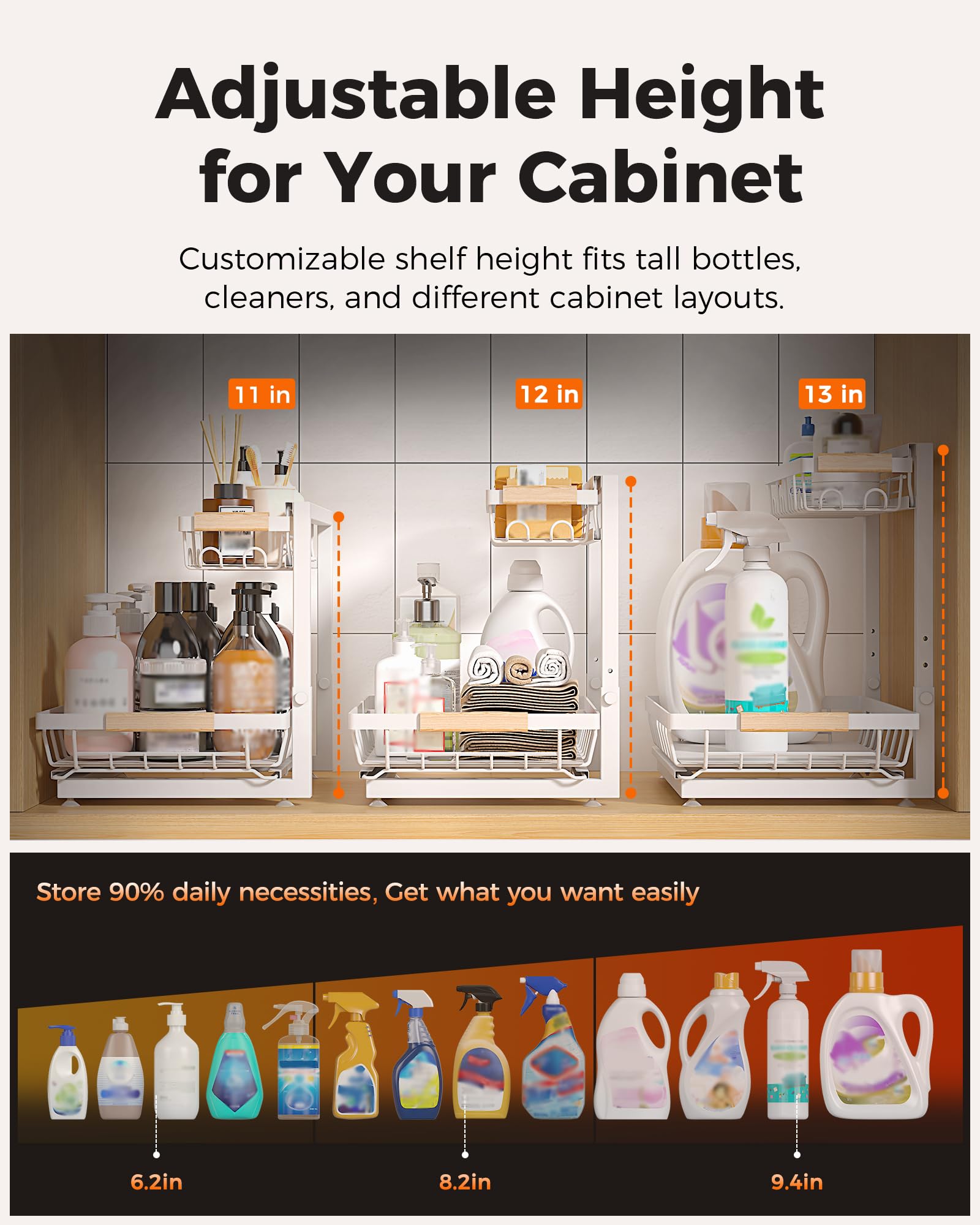 Sevenblue bottom tier loaded with tall bottles showing organized space efficiency