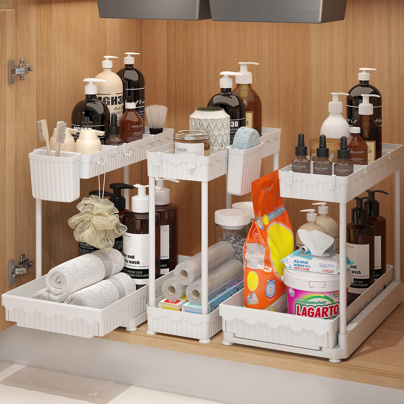 sevenblue front view of assembled 2-tier L-shaped organizers showing tidy storage benefit
