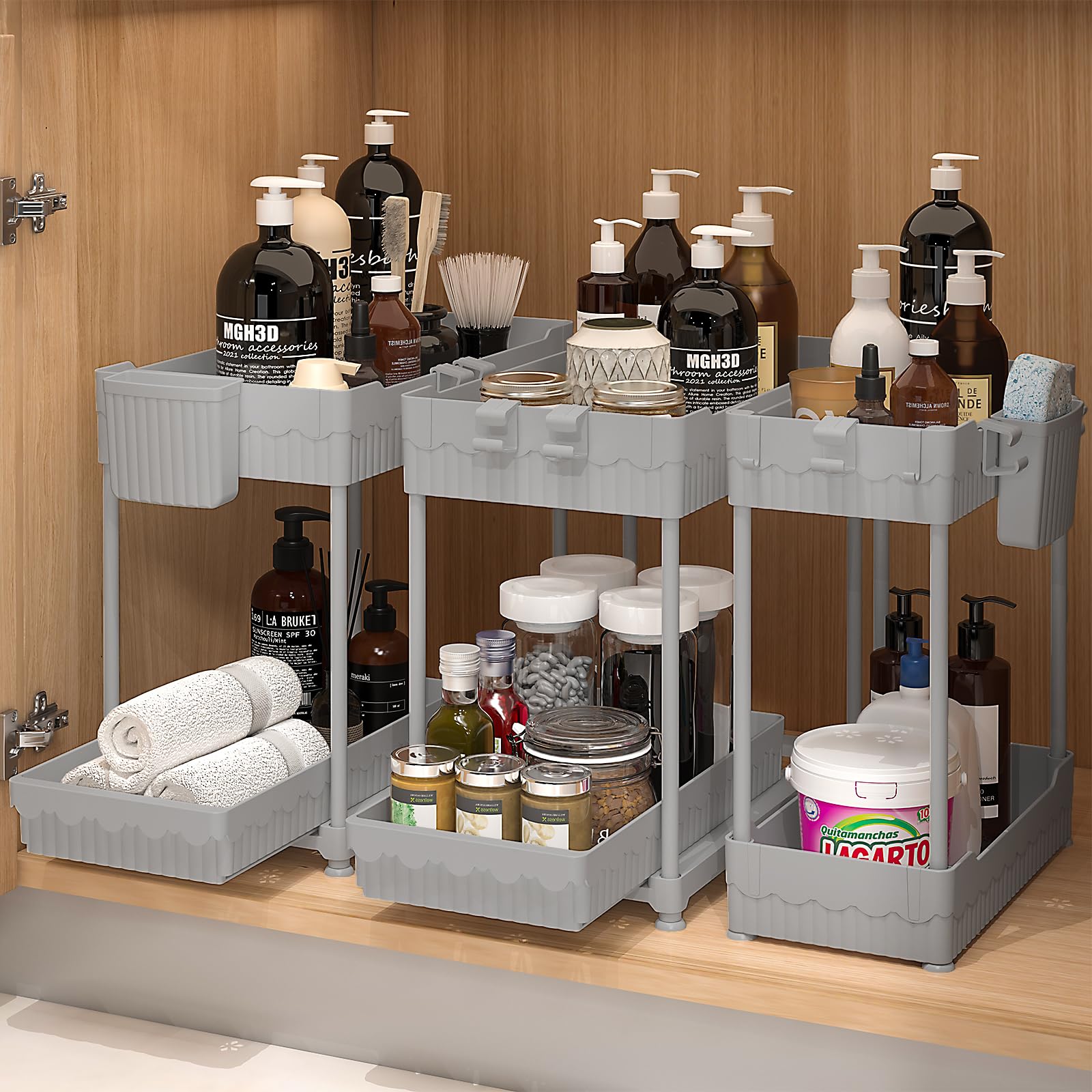 Sevenblue front view of three stacked organizers showing compact storage benefit