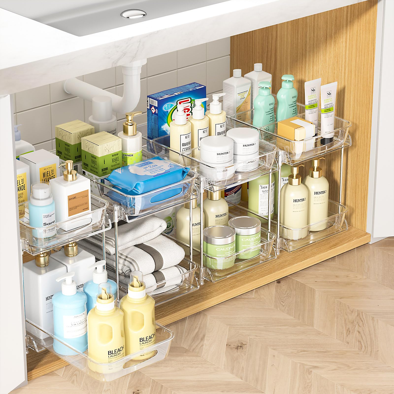 Sevenblue front view of four assembled organizers showing compact stacked storage benefit