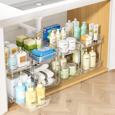 Sevenblue front view of four assembled organizers showing compact stacked storage benefit