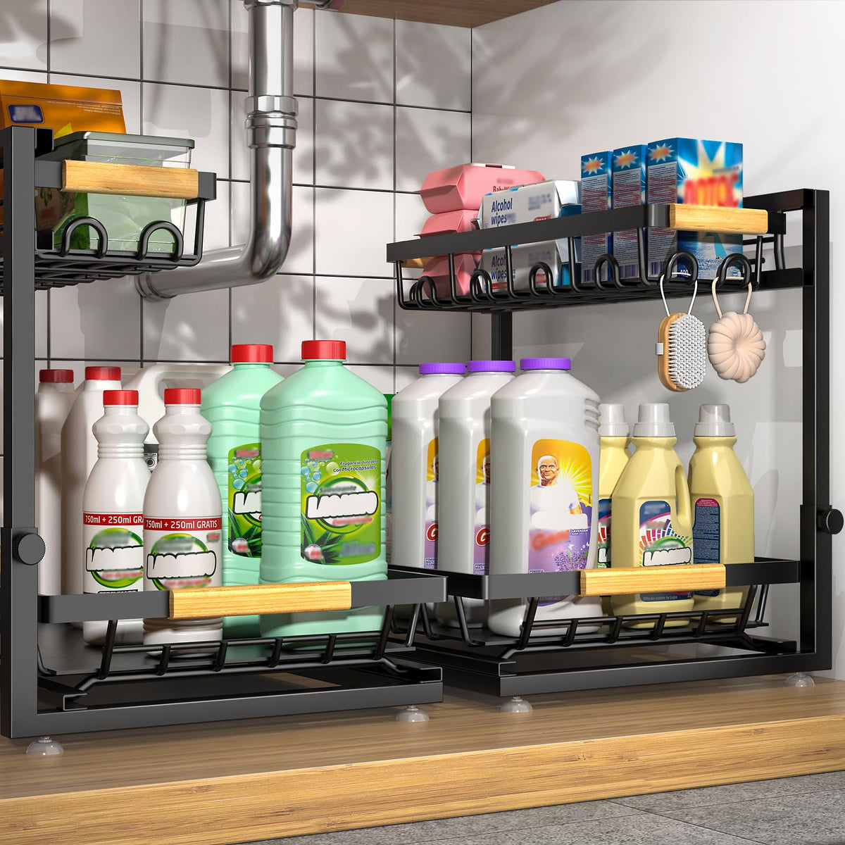 Sevenblue front view of two-pack organizer showing compact footprint and tiers for decluttering